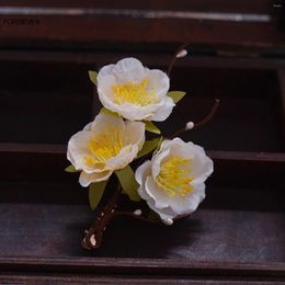Hair Clips White Yellow Silk Flower Hairpins Side For Women Hanfu Dress Decor Boho Style Floral Headpieces Jewellery 1Pc