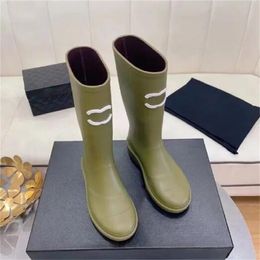 Designer Boots Thick Heel Thick Sole Long Boots Fashion Luxury Square Toe Women Rain Boots Rubber Boots New Waterproof Anti Slip High Tube Rain Shoes Pure Color