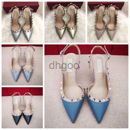 2024Fashion women pumps shoes Casual Designer Gold leather studded spikes slingback high heels shoes brand shoes