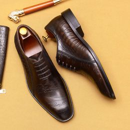 Vintage Crocodile Pattern Mens Dress Genuine Leather Summer Designer Quality Wedding Business Oxfords Shoes Man
