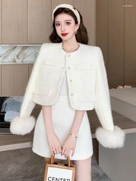 Work Dresses 2024 Women Autumn Winter White Elegant Faux Fur Patchwork Suit Korean Fashion Mini Skirt Single Breasted Jacket 2 Piece Set