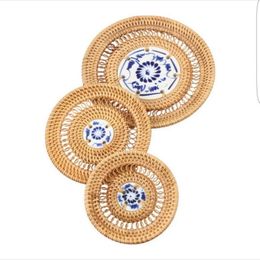 Drink Coasters Woven Rattan Placemats Round Tableware Mats Tea Coffee Cup Pads Insulation Coffee Cup Coaster Teapot Mat F240116