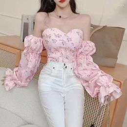 Women's Blouses 2024 Autumn Korean Fashion Strapless Elastic Ruched Floral Blouse Slim Long Sleeve Tops Women Sexy Off Shoulder Short