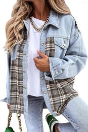 Women's Jackets Autumn Winter Denim Jacket Long Sleeve Plaid Button Down Shirt Coat Women Fashion Elegant Pocket Overwear