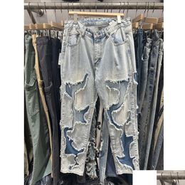 Mens Plus Size Pants Real Pics Died Jeans Blue Fashion Trousers Hip-Hop Street Hole Denim Drop Delivery Apparel Otcq1