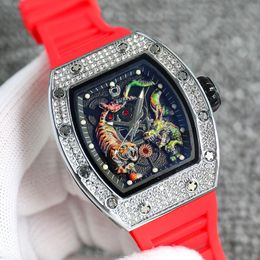 Mens Watches 44mm commercial Dragon and tiger dial Mechanical texture Diamond dial Rubber strap Watches fashions Wristwatch Gift good nice