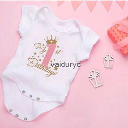 Rompers My 1st Birthday Newborn Summer Romper Infant Body Toddler Short Princess Sleeve Jumpsuit Baby Girl Birthday Party Outfit Clothes H240508