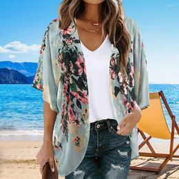 Women's Swimwear Women Beach Shirt Flower Print Short Sleeve Open Stitch Thin Soft Sun Protection Anti-UV Loose Lady Cover-up Top