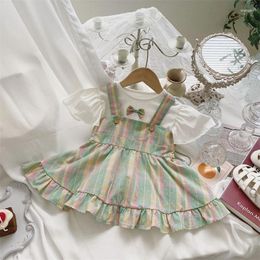Girl Dresses Summer Dress With Suspenders Set Baby Sweet Wind Bow Top Color Plaid Princess Two-piece Suit.