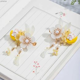 Headbands Osmanthus Hair Clip Cute Rabbit Shaped Hairpin Vintage Tassel Tiaras Fairy Pearl Hair Jewellery Chinese Hanfu Hair Accessories YQ240116