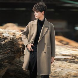 Handmade double-sided woolen coat, men's mid length autumn/winter cashmere free windbreaker, Korean version, thickened fabric