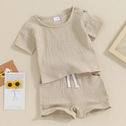 Clothing Sets Baby Boy Girl Cotton Linen Clothes Solid Colour Short Sleeve Tops Drawstring Shorts Set 2Pcs Toddler Summer Outfit