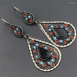 Dangle Earrings Ethnic Droplet Shaped Inlaid Black Stone Vintage Silver Colour Metal Coloured With Die Cast Pattern