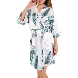 Women's Sleepwear Elegant Plus Size Robe For Women Leaves Print Loungewear Plus-size Satin Lace Cardigan Nighties Bathrobe