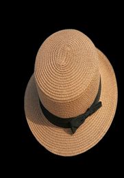 whole sun flat straw hat boater hat girls bow summer Hats For Women Beach flat panama straw chapeau femme3834073