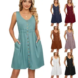Casual Dresses Womens A-Line Midi Dress Round Neck Sleeveless Solid Color Button Down Flared Hem Swing With Pockets 6XDA