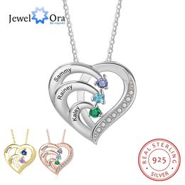 925 Sterling Silver Personalised Heart Necklace with 2-6 Birthstones Custom Engraved Name Mothers Pendant Christmas Gift for Her 240115