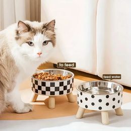 Plastic and stainless steel elevated cat feeder bowl anti suffocation dog pet feeding drinking supplies 240116