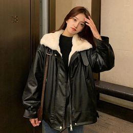 Women's Leather Winter Warm Lambswool Black Pu Jacket Women 2024 Plush Motorcycle Jackets Woman High Street Zipper Coat Outwear