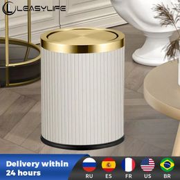 Leather Trash Can Metal Gold Elegant Bathroom Garbage Bin House Container Recycling Botes De Basura Cleaning Tools 240116