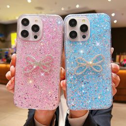 Bling Diamond Bow Confetti Cases For Iphone 15 Plus 14 Pro Max 13 12 11 XR XS X 8 7 6 Bowknot Foil Sequin Shinny Glitter Soft TPU Phone Back Skin Luxury Fashion Girls Cover