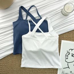 Women's Tanks Women Design Crop Tops Summer Solid Color One Shoulder Cross Back Tank Knit Sexy Bra With Inner Pad