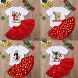 Girl's Dresses My 1st Christmas Baby Bodysuit Tutu Skirts Set Christmas Cake Dress Outfit Girl Short Sleeve Jumpsuit Toddler Xmas Party Clothes H240508