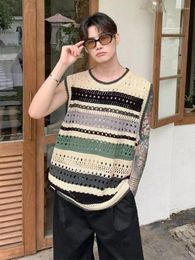 Men's Vests Man Clothes Green Round Collar Sleeveless Knitted Sweaters For Men Striped Waistcoat Mesh Crewneck Vest Cotton Korean Fashion V