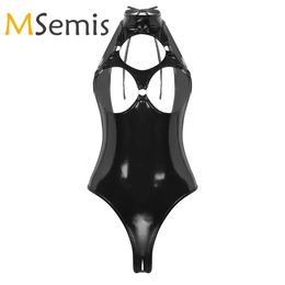 Wear Women's Swimsuit Wet Look Leather Bodysuit Lingerie Swimwear Halter Neck Hollow Out Backless Crotchless Thong Leotard Bodysuit