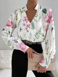 Women's Blouses Autumn Fashion V-neck Long Sleeve Print Women Elegant Tops 2024 Summer Casual White Shirt Office Femme Clothing