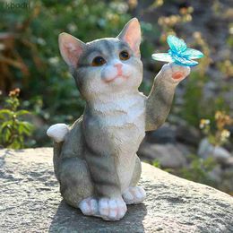 Garden Decorations Solar LED Light Cute Cat and Butterfly Figurine Resin Ornament Garden Lamp Statue Patio Lawn Yard Art Cat Statue Decoration YQ240116