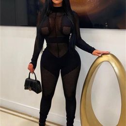 Summer Outfits Streetwear Jumpsuit Women Long Sleeve Mesh See Though Rompers Jumpsuits Black Sexy Overalls Outfit 240115