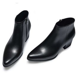 6 Cm High Heels Men's Ankle Genuine Leather 2023 Winter Warm Black White Wedding Party Social Boots Man Dress Shoes