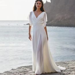 2024 Simple Beach Wedding Dress V-Neck Short Sleeves Lace Appliques Chiffon Sweep Train Boho Bride Gowns Robe De Mariage Vestidos De Novias