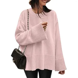 Women's T Shirts Solid Color Round Neck Long Sleeve Hem Side Split Sweater Pullover Knit Inner Top Women Fashion Blouse 2024 Shirt