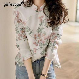 Women's Blouses Spring Autumn Stand Collar Chinese Style Printing Cotton Linen Shirt Female Long Sleeve Vintage Frog Top Women All-match