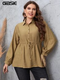 GIBSIE Plus Size Solid Half Button Blouses Shirt Spring Fall Casual Long Sleeve Street Female Drawstring Waist Tops 240116