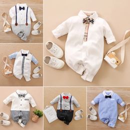 Baby Boy Bow Tie Romper born Formal Suit Infant Long Sleeves Bodysuit Toddler Jumpsuits Onesies 0-18 Months 240116