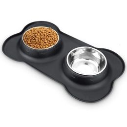 Antislip Double Dog Bowl With Silicone Mat Durable Stainless Steel Water Food Feeder Pet Feeding Drinking Bowls for Dogs Cats 240116