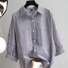 Women's Blouses 2024 Autumn Pure Cotton Striped Shirt With 3/4 Sleeves Fleece Covering Loose Size Korean Comfortable Top