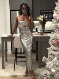 Women Sexy Sequin Bodycon Maxi Dress Fashion Square Neck Backless Sleeveless Dresses Female Chic Party Evening Robes 240115