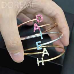 DOREMI Women Coloful Zircon Initial Letter Spiral Staggered Bangle Custom Letters Charm Heart Star Moon Symbol Gift Bracelet 240115