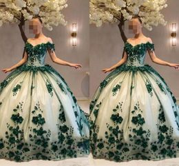 Dresses 2023 Hunter Green Nude Prom Sweet 16 Dresses Ball Gown Floral 3D Flowers Pearls Beaded Off The Shoulder Quinceanera Dress Plus Siz