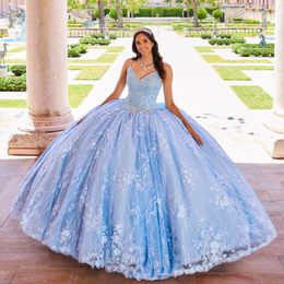 Mexico Sky Blue Spaghetti Strap Ball Gown Quinceanera Dress For Girl Beaded Applique Lace Birthday Party Gowns Prom Dresses Sweet 16