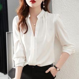 Women's Blouses Chiffon White Shirt Women V-neck Long Sleeved Blouse 2024 Spring Office Lady Shirts And Basic OL Elegant Womens Tops