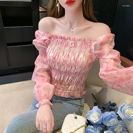Women's Blouses Korean Floral Stretch Slim Short Shirt Square Collar Puff Sleeve Blouse Tops Women Spring Summer Y2k Blusas Mujer 2024