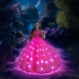 Uporpor Girls Sleeping Beauty Aurora Cosplay LED Dress Short Sleeve Off Shoulder Kid Christmas Gift Fancy Party Princess Costume 240116