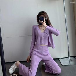 Women's Two Piece Pants Spring Fashion Three Autumn Women Knit Cardigan Sweater Tank Tops High Waist Pant Suit Casual Lady Set