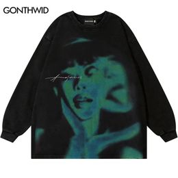 Vintage Ripped Sweatshirt Hip Hop Shadow Graphic Print Punk Goth Hoodie Streetwear Men Harajuku Fashion Long Sleeve Street Wear 240115