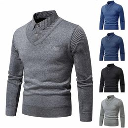 Autumn and Winter Men's Fake Two Piece Sweater with Fleece and Slim Fit Polo Collar Knitted Bottom Shirt Thickened and Warm 240116